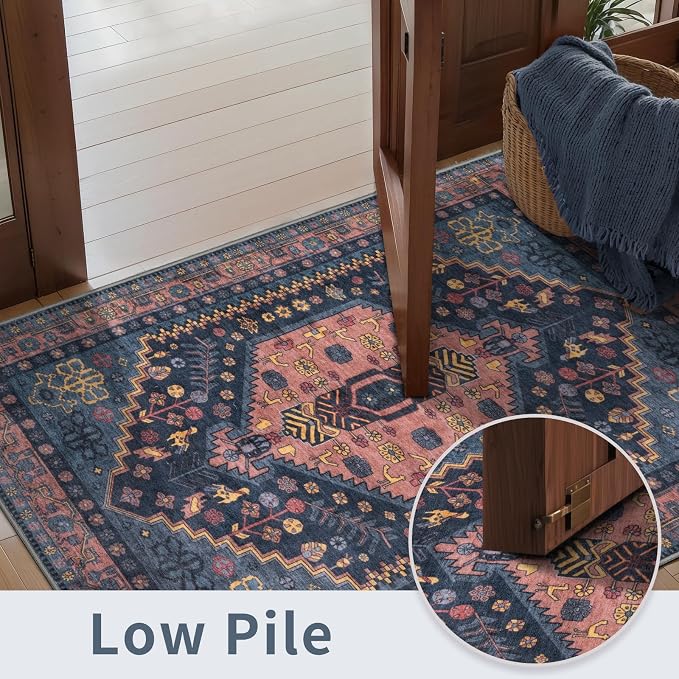 Ciicool Long Washable Runners Area Rug for Hallways,Ultra Soft 2x8ft Carpet | Oriental Non-Slip Thin Indoor Mat Vintage Navy Rugs for Kitchen Entryway Bedroom Bedside Living Room Laundry Bathroom Decor