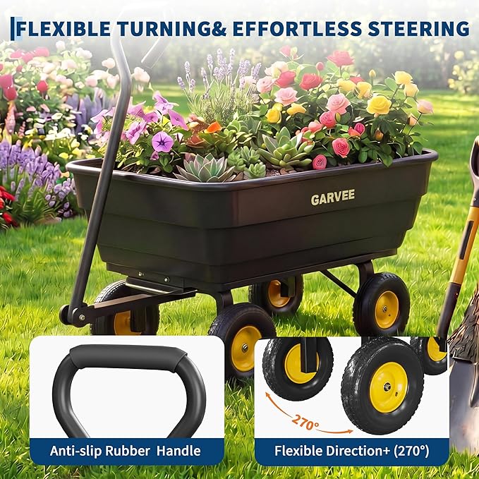 Garvee Poly Garden Dump Cart, Heavy Duty 600lbs Wheelbarrow Yard Cart Dump Wagon with 10”All Terrain Wheels, Garden Utility Wagon with Quick Release System& Convertible Handle Attach to ATV (Black) | Heavy Duty,10”All Terrain Wheels, Garden Utility Wag...
