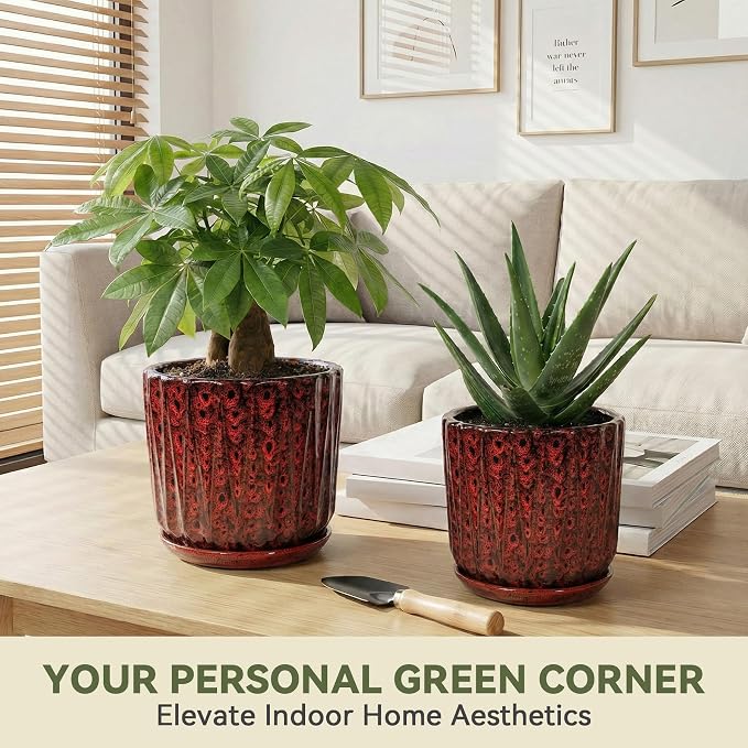 7.5 Inch Ceramic Planter Pot with Saucer Drainage Leak-Proof Mesh,Flower Pots for Indoor Plants with Gardening Gloves,Ceramic Planter(Spotted Red)