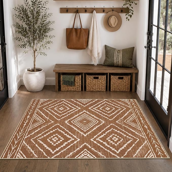 Area Rug 3x5 Rug Low Pile Print Pattern Machine Washable Non-Slip Western Rug for Living Room Bedroom Entryway Tribal Series -Yellowbrown/Cream | Soft Western No Slip Low Pile Print Foldable Indoor for Kitchen Dining Room
