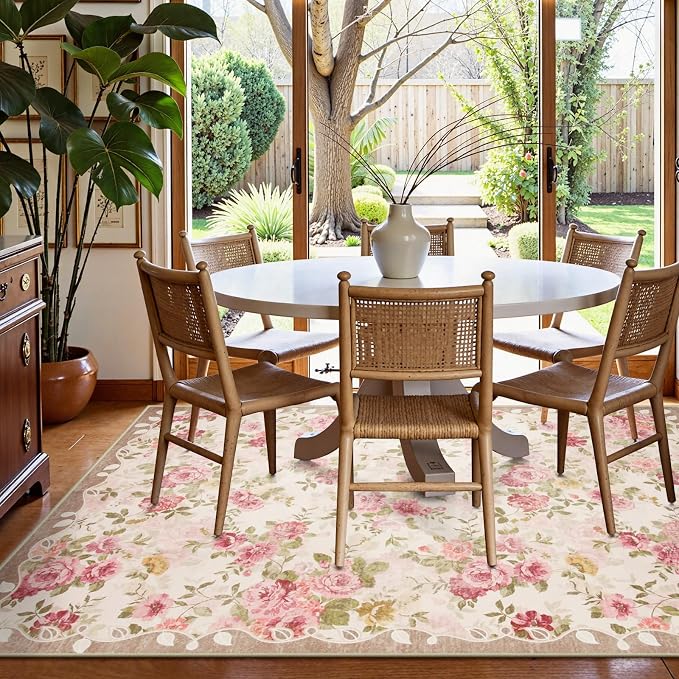 Lahome Vintage Floral 8x10 Area Rugs,Pink Large Living Room Rugs | Machine Washable, Low Pile Pink Rugs for Bedroom Girls Carpet for Nursery Rug Playroom Dining Room Nina(8'X10',Beige)