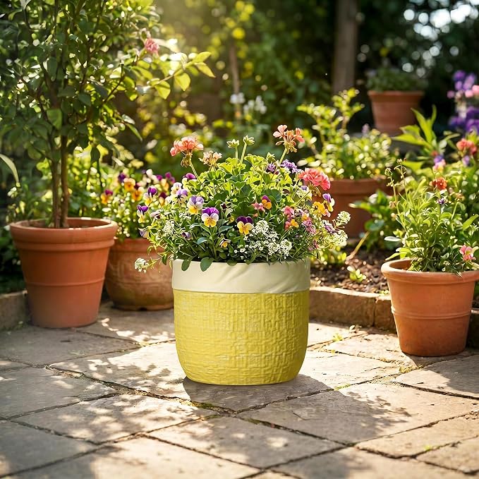 Ceramic Plant Pots - 9.8 Inch Plant Pots for Indoor Plants, Round Planter with Drainage Hole and Plug, Boho Pot for Plants, Decorative Flower Pot, Front Porch Decor, Gardening Gifts, Yellow