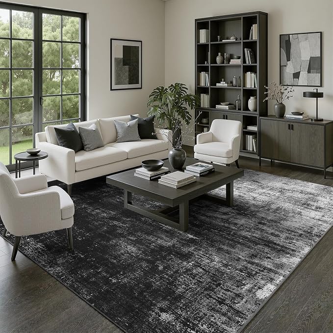 DCX Washable Abstract Area Rug 8x10, Non Slip Low Pile Rug, Black | Easy to clean, non-shedding, soft, kid & pet friendly, with a non-slip rubber backing for living rooms, bedrooms, and offices