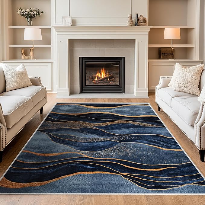 Navy Blue Area Rug Washable 5x7 Abstract Rugs for Living Room Bedroom Modern Gold Non-Slip Soft Floor Large Carpet for Office Entryway Bathroom