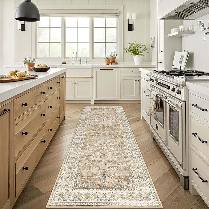 U'Artlines 2' x 6' Boho Hallway Runner Rug Non Slip Runners,Cream Tan | Washable, Vintage Farmhouse Kitchen Rug Accent Area Carpet for Entryway Laundry and Living Room