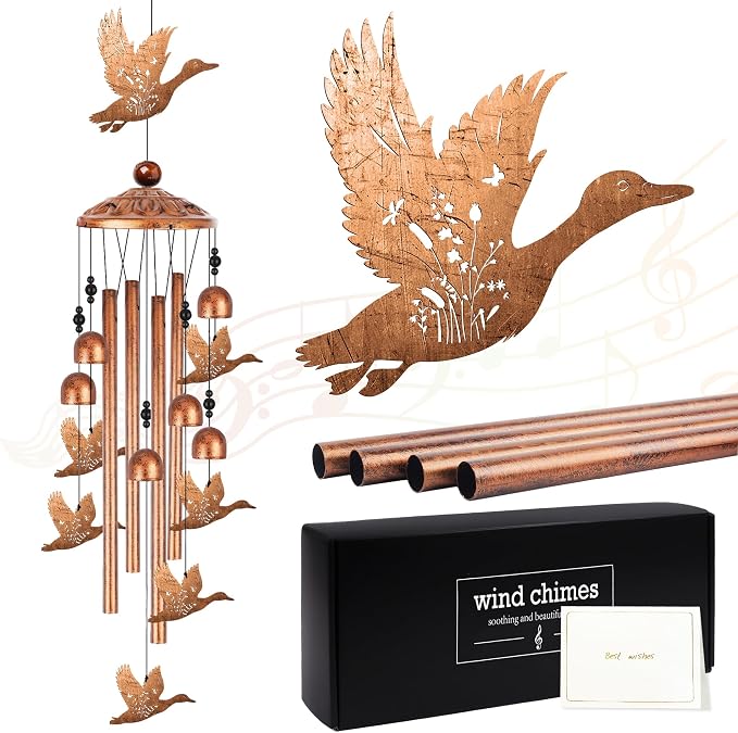 Duck Wind Chimes for Outside, Duck Gifts for Women Men Nature Lovers Metal Windchimes Outdoors, Flying Floral Bird Design Home Garden Patio Yard Decor