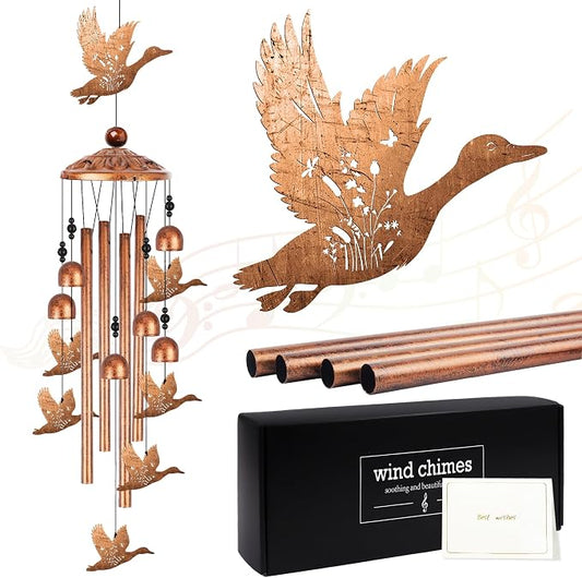 Duck Wind Chimes for Outside, Duck Gifts for Women Men Nature Lovers Metal Windchimes Outdoors, Flying Floral Bird Design Home Garden Patio Yard Decor