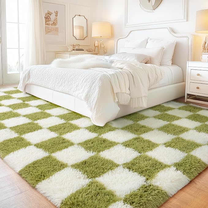 Checkered Rug 9x12 for Living Room, Ultra Fluffy Fuzzy Shag Large Area Rug for Bedroom, Modern Plush Soft Upgrade Non-Slip Carpet for Kids Girls and Boys Room Dorm Home Decor, Cream and Green