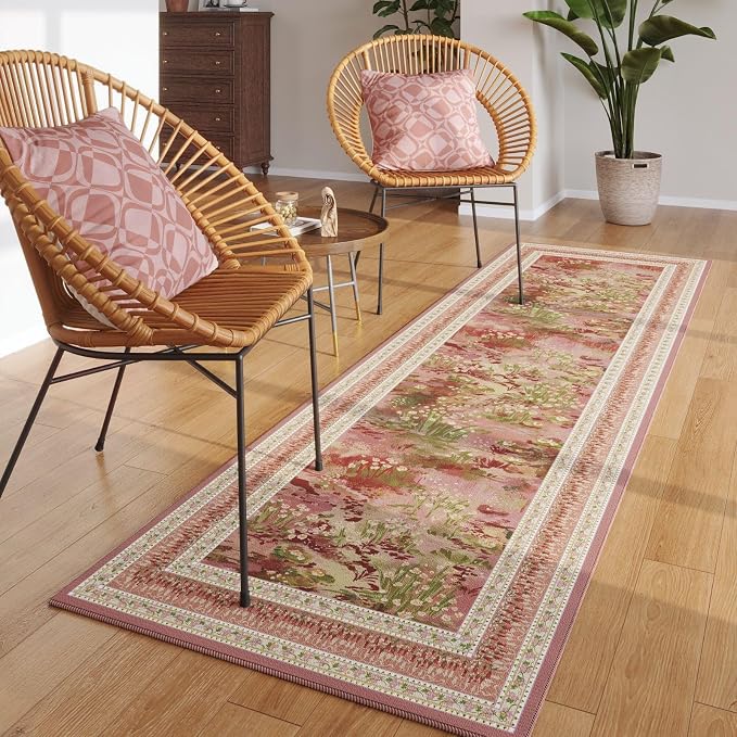 Rugcomf 2x6 Runner Rug Impressionist-Style Vintage Kitchen Rugs Non Slip Washable Soft Carpet Runner for Kitchen Laundry Bedroom Bathroom, Pink