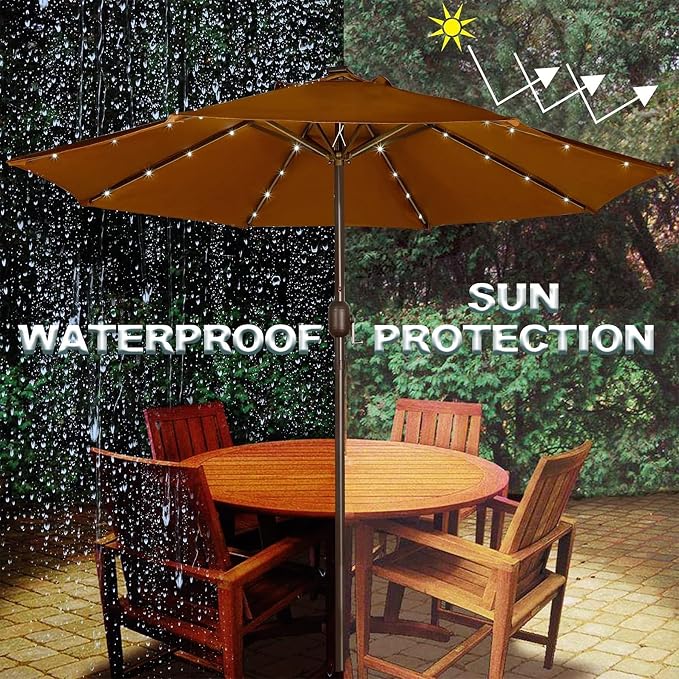 Blissun 9 ft Solar Umbrella 32 LED Lighted Patio Umbrella Table Market Umbrella with Tilt and Crank Outdoor Umbrella for Garden, Deck, Backyard, Pool and Beach, Brown