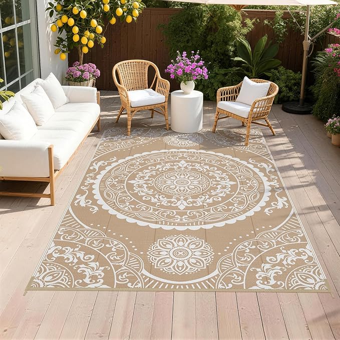 Pauwer Waterproof Outdoor Rug 5x8, Reversible Plastic Straw Patio Camping Rug, Indoor Outdoor RV Mat Carpet for Deck, Camper, Porch, Balcony, Backyard, Picnic, Paisley Brown