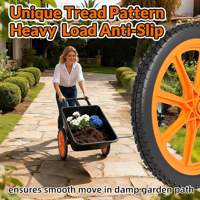 RONPOW 20 Inch Flat Free Wheelbarrow Wheels Compatible with rubbermaid Wheelbarrows Cart Tires, 5/8" Bearings and 3/4" Bearings, Replacement Wheelbarrow Wheels Garden Yard Carts, 400Lbs, 2Pack Orange
