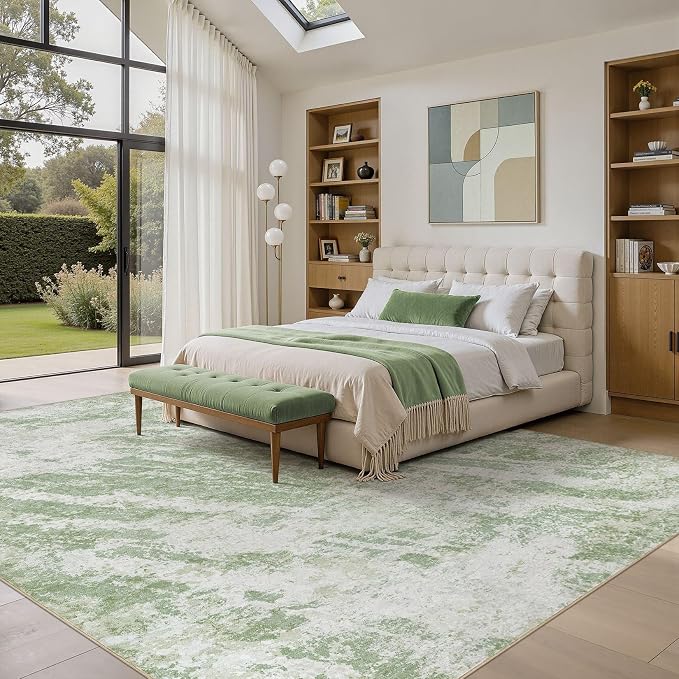 DMOYEST 8x10 Area Rug for Living Room Washable Abstract Indoor Carpet | Neutral Modern Low Pile Rugs Kid & Pet Friendly Large Soft Thin Carpet for Bedroom Dining Room and Office - Light Green
