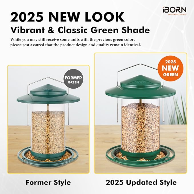 iBorn Metal Bird Feeders for Outdoors Hanging,Wild Bird Feeders for Cardinal,18cm Large Roof &Tray New Green 6 Port (Seed is not Included)