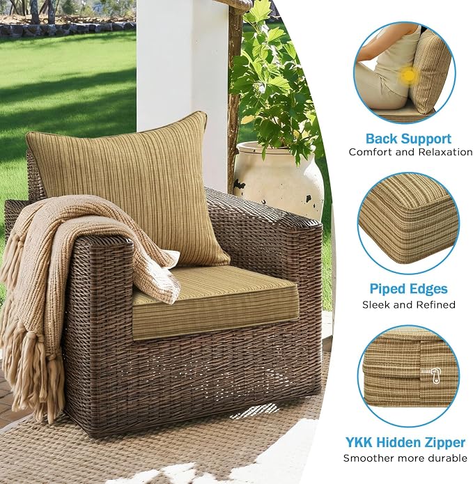 Outdoor Deep Seat & Back Cushion Set (2-Pack), 24 x 24 Inch Water Repellent and Fade Resistant Patio Furniture with Removable Cover for Outside Sofa Couch, Yellow Stripe