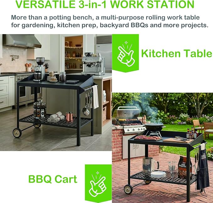 Metal Potting Bench with Wheels Planting Table for Outdoor Gardening Work Benches for Outside Potters Station Weatherproof