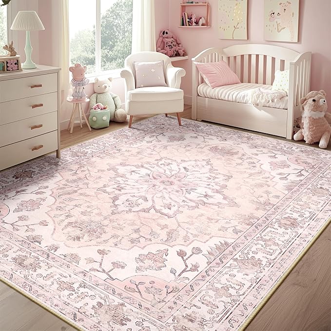 RELEANY Washable Area Rug, 6'x9', Pink | Non-Slip, Water Repellent, Pet Friendly, Easy to Clean, Vintage Floral Boho Decor for Living Room Bedroom Dining Room Office