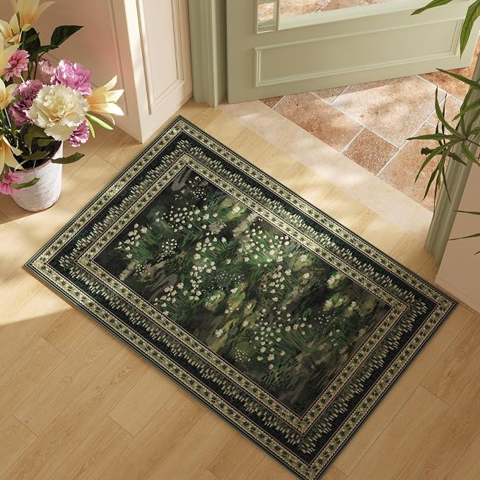 Rugcomf 2x3 Rug Impressionist-Style Vintage Indoor Door Mat Machine Washable Small Area Rug Non-Slip Low Pile Throw Rugs for Entryway Kitchen Front Door Indoor Entrance Entry Kids Room, Green