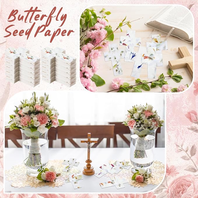 Dunzoom 50 Pcs Handmade Seed Paper Plantable Wildflower Seed Paper Recycled Flower Petals Tags Wedding Favors for Guests Craft Gifts Cards for Envelope Birthday Party, 5 Styles (Cross)
