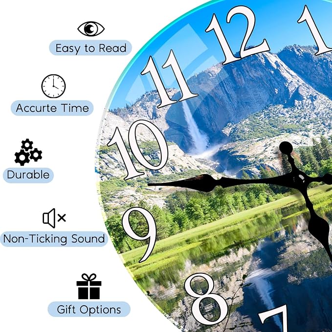 Britimes Round Wall Clock Silent Non-Ticking Battery Operated Outdoor Waterproof Glass Clock 12 Inch, Landscape Natural Scenery Home Decor for Living Room, Kitchen, Bathroom, Bedroom, and Office