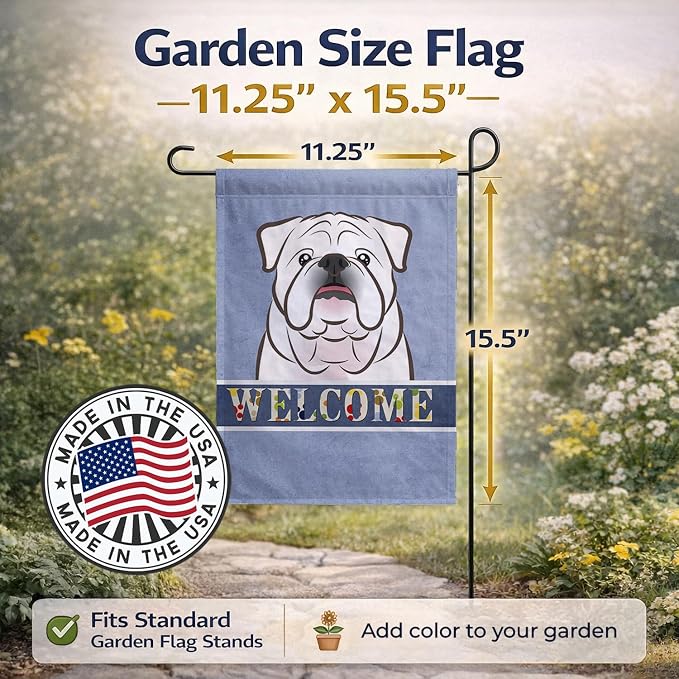 Caroline's Treasures BB1406GF White English Bulldog Welcome Garden Flag, Blue Mailbox Flag Decorative Yard Flag Banner Outside Patio Artwork Yard Flower Beds, Garden Size, Multicolor