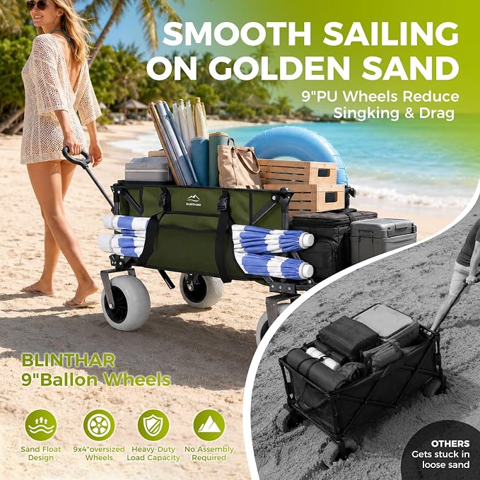 Heavy Duty Beach Wagon with 9" Big Sand-Proof Wheels, Extended Tailgate Design, 440lbs Folding Wagon Cart, 41" Utility Wagon with Side Bag, Adjustable Handle for Sand, Outdoor Green