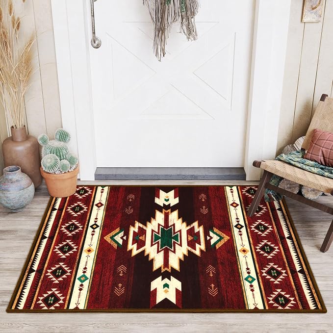 BENRON Western Entryway Rug 2x3, Small Area Rugs for Kitchen, Red | Southwest aztec Rug,Throw Rugs for Hallway Porch Front Door Washable