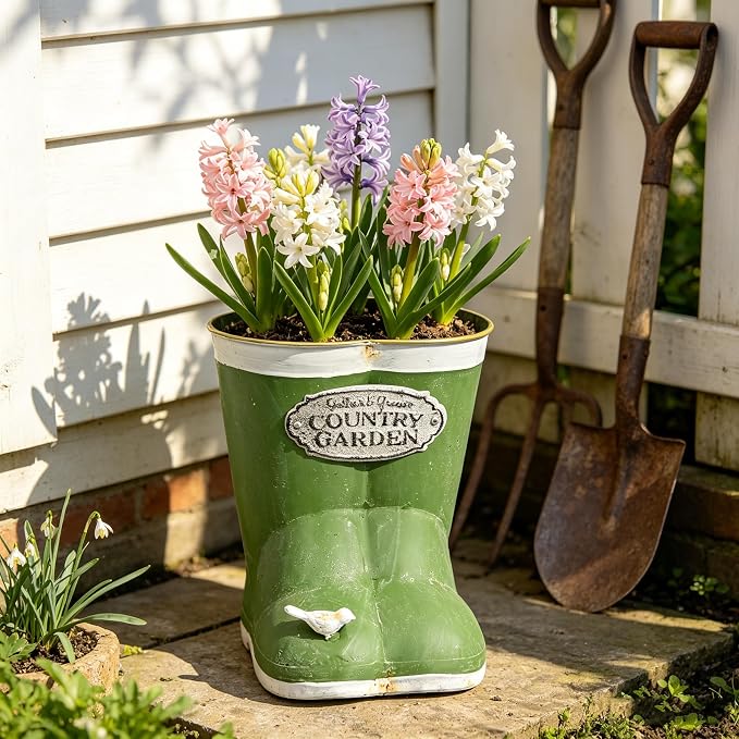 Vintage Green Rain Boot Planter, Country Garden Metal Boot Flower Pot, Rustic Farmhouse Decorative Planter for Indoor Outdoor Succulents, Herbs, Garden & Porch Decor