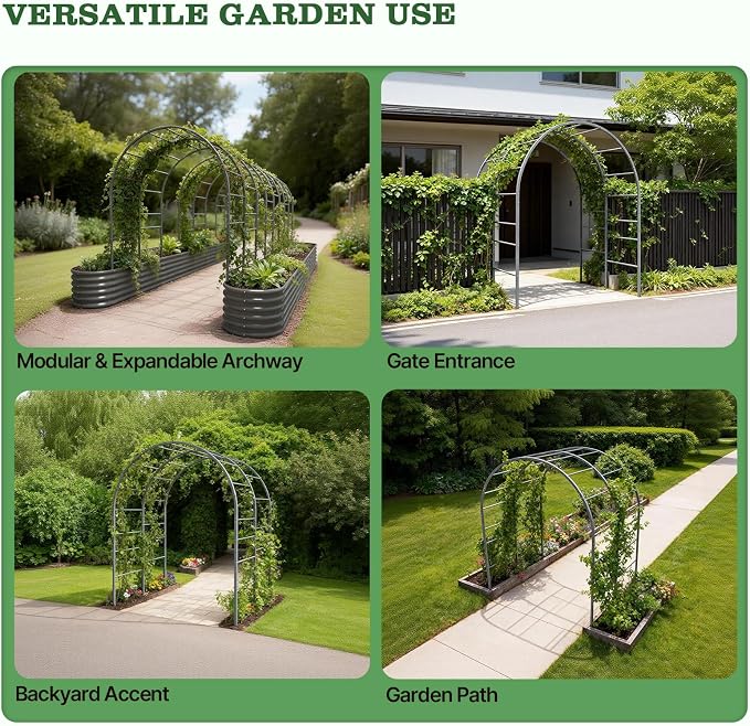 A ANLEOLIFE Garden Arch Trellis for Raised Garden Beds, Heavy-Duty Metal Archway, Bed-Mount or In-Ground Install, Deep-Insert Stability for Cucumbers, Beans, Gourds & Squash, Quartz Gray