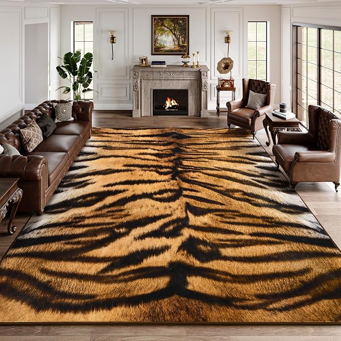 DweIke Tiger Rugs for Living Room, 8x10 Large Soft Faux Animal Tiger Print Area Rug, Washable Non-Slip Stain Resistant Throw Carpet for Dining Room Office Western Home Decor