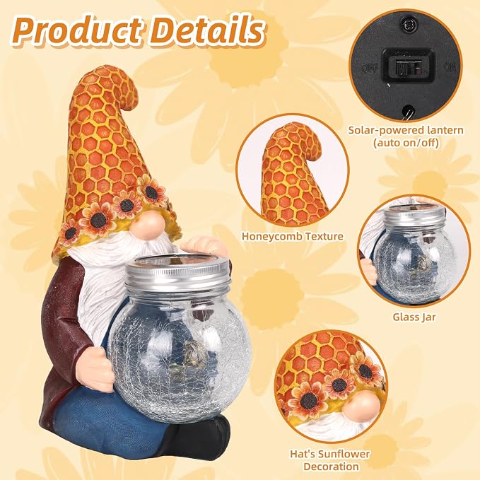Lyeasw Solar Gnome Decor with Honeycomb Lantern, Outdoor Garden Decor | 10 Inch Resin Figurine with LED Glow, Weather Resistant Garden Accent for Patio, Porch, Yard & Gift for Garden Lovers