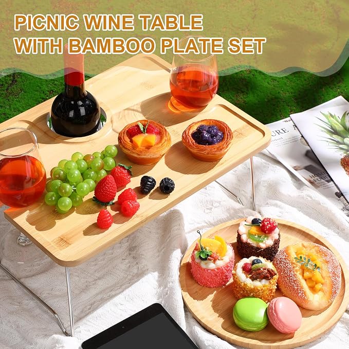 Willinglong Picnic Foldable Wine Table with Bamboo Plate Kit, Handmade Handle Portable Bamboo Tray Table with Food Plate for 2 Outdoor Camping Picnic Wine Set Gift for Couples