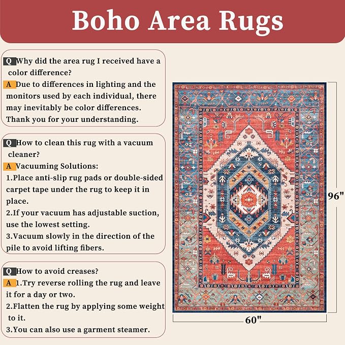 SERISSA 5x8 Washable Non Slip Boho Area Rug for Living Room，Rust | Ultra Soft Vintage Oriental Carpet Low-Pile Distressed Tribal Floor Carpet for Bedroom Dining Room Dorm Office Home Decor