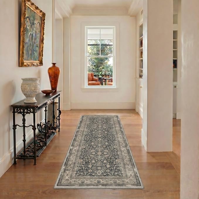 8X10 Living Room Area Rug, Boho Oriental Floral Washable Non Slip | Floral Vintage Rug for Bedroom Dining Room, Dusty Charcoal Soft Low Pile Faux Wool, Stain Resistant Non-Shedding Pet-Friendly