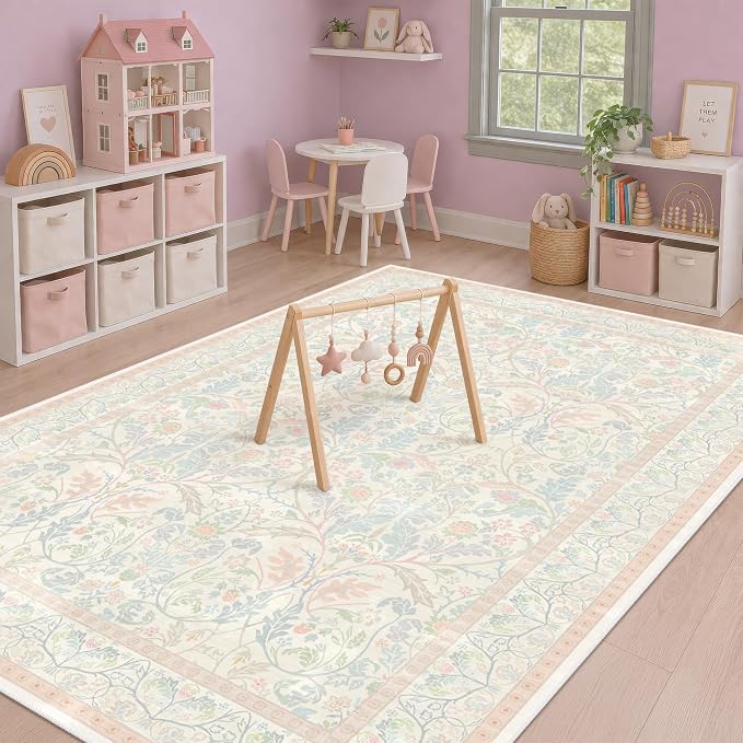 Washable Blue and Pink Rug 5x7 - Baby Girls Nursery Rug Non Slip, Soft Pastel Kids Playroom Decor Carpet, Light Blue and Green Oushak Floral Bedroom Living Room Dorm Carpet (Green and Pink)