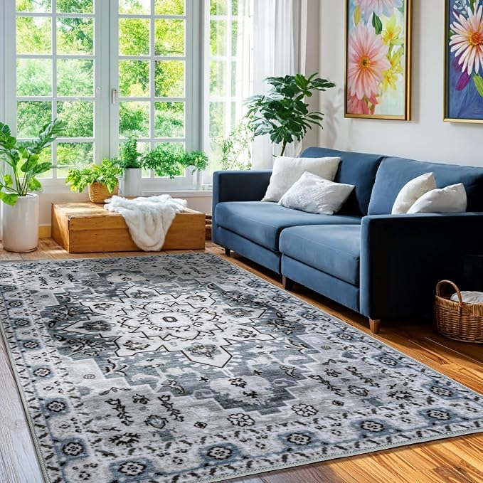 LBRO2M Machine Washable Rug Soft Pet Friendly Carpet 5X7 Dusty Blue | Persian Rug 5X7 for Living Room, Bedroom, Dining Room, Home Office, Non Slip Carpet, Foldable Stain Resistant Rugs