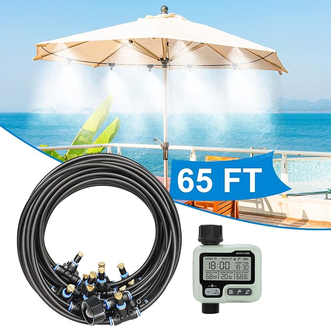 Outdoor Mister System for Outside Patio, Misting Cooling System 65Ft + Water Timer, Water Mist Hose for Backyard, Garden, Greenhouse,Umbrella,Deck,Canopy,Pool,Porch,Gazebo,Kids Trampoline Sprinkler…