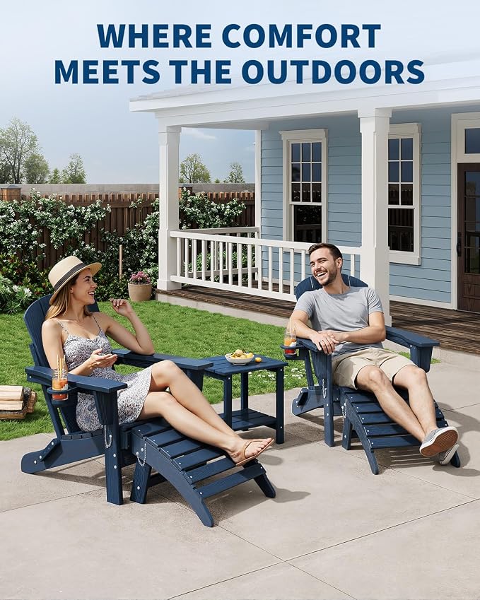 Folding Adirondack Chair Set of 5, All-Weather HDPE Outdoor Chair, Wooden Textured with Cup Holder for patios, Decks, Gardens, fire pits, Navy Blue