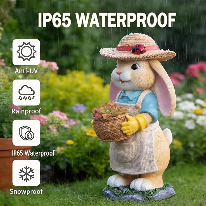 11" Rabbit Solar Garden Decor Bunny Outdoor Statue with Light | Gift Idea Light Decorations for Yard Garden Patio Mom Gift