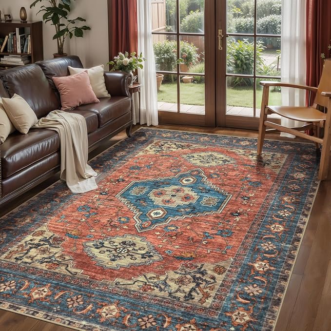Tangsoo Oriental 3x5 Washable Area Rugs, Vintage Non Slip Accent Rug | Boho Indoor Print Distressed Carpet, Soft Low Pile Rug for Living Room Dining Bedroom Bedside Entryway Terracotta Blue