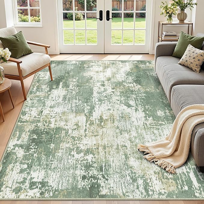RELEANY Washable 3'x5' Abstract Area Rug for Living Room Light Green | Carpet for Bedroom, Kitchen, Office, Hallway and Entryway, Printed Pattern, Non‑Slip, Soft, Stain‑Resistant, Easy to Clean