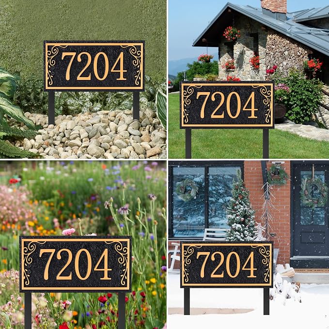 Lawn Address Sign Plaque - Personalized House Number Plaque Sign,Address Numbers for House Large Option Stakes Included (Blue/Copper)