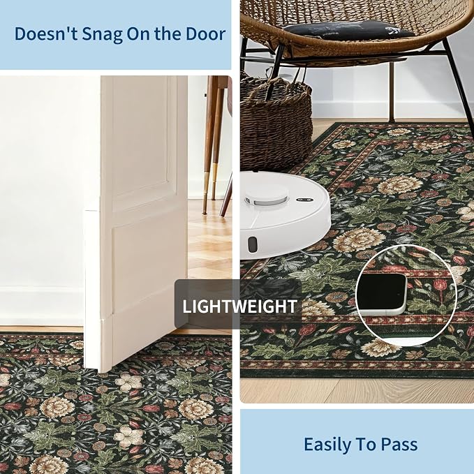 GarveeHome Small Forest Green Entryway Rug, 2x3 Washable Front Door Rug Indoor Entrance Floral Carpet Non-Slip Low Pile Throw Rugs for Kitchen Floor, Powder Room, Entry, Bathroom, Kids Room