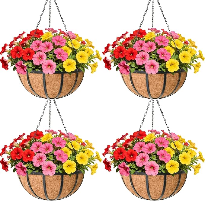 12 Inch Black Flat Iron Metal Hanging Planter Basket with Coco Coir Liner(4 Pack) Hanging Planters for Outdoor Plants Hanging Baskets for Plants Flower Pots for Deck Patio Porch Garden Balcony