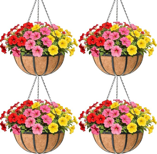 16 Inch Black Flat Iron Metal Hanging Planter Basket with Coco Coir Liner(4 Pack) Hanging Planters for Outdoor Plants Hanging Baskets for Plants Flower Pots for Deck Patio Porch Garden Balcony