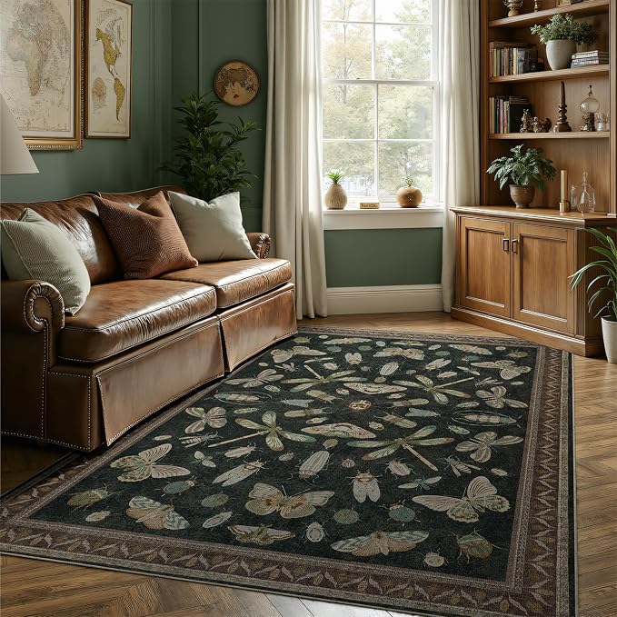 DCX 4x6 Washable Bug Rug for Living Room, Soft Low Pile Rug, Black | Easy to clean, non-shedding, soft, kid & pet friendly, with a non-slip rubber backing for bedrooms, and nature-themed decor