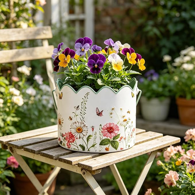 3-Piece Vintage Floral Metal Bucket Set, Scalloped Edge Multi-Size Planters for Flowers & Easter Egg Containers, Rustic Garden & Home Decor with Reinforced Metal Handles, Indoor & Covered Outdoor Use