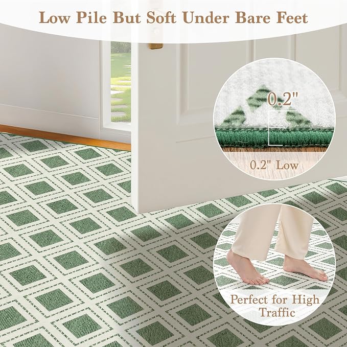 LBRO2M Machine Washable Rug Soft Pet Friendly Carpet 8X10 Green | Checkered Rug 8X10 for Living Room, Bedroom, Dining Room, Home Office, Non Slip Carpet, Foldable Stain Resistant Rugs