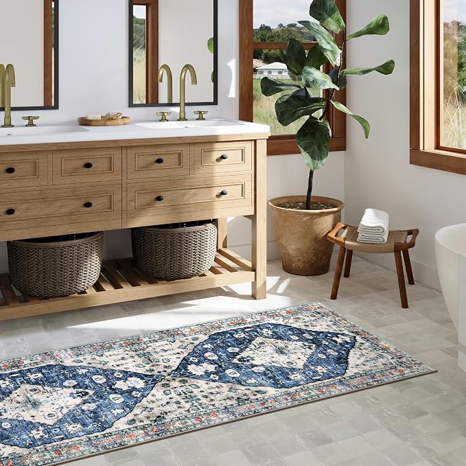 Lahome Felice Boho Tribal Runner Rug - 2x6 Kitchen Rug Runner for Living Room Entryway Mat, Turkish Soft Washable Non Slip Throw Office Carpet Runners for Bathroom Sunroom Mudroom Foyer, Blue