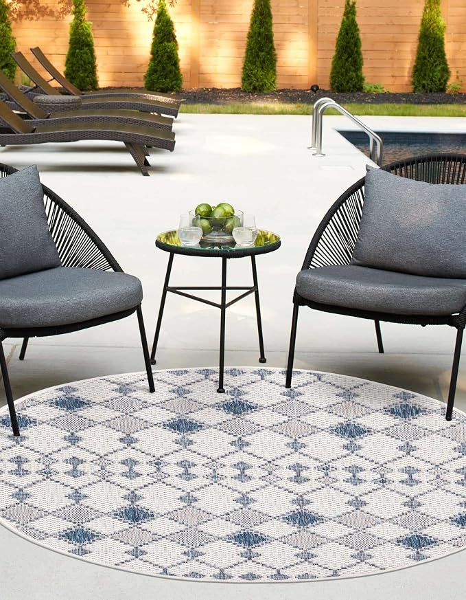 Unique Loom Outdoor Trellis Collection Area Rug - Traliccio (4' 1" Round, Ivory/ Navy Blue)